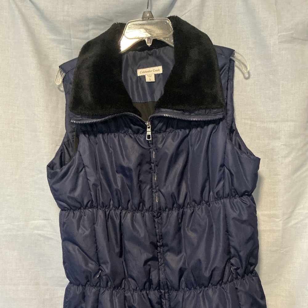 Vintage Coldwater Creek Quilted Puffer Vest Faux Fur Collar Women’s Large (B2)